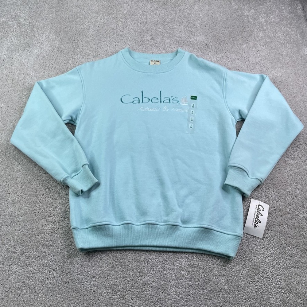 NEW Cabelas Sweatshirt Womens Small Blue Embroidered Spellout‎ Logo Crewneck NWT